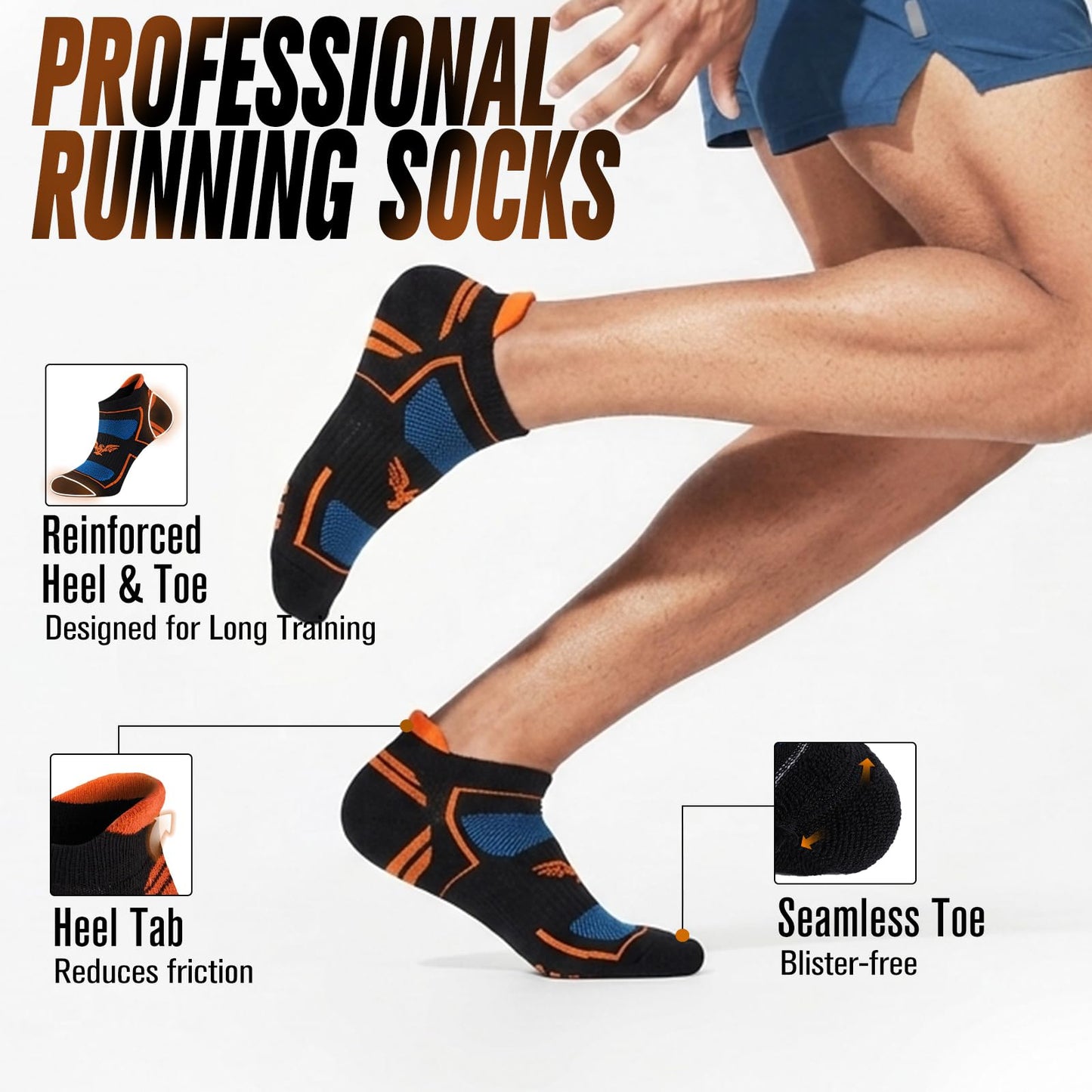 Niorasen Mens Running Socks 6 Pairs with Arch Compression Support, Cushioned & Breathable Ankle Socks for Men, Moisture Wicking Black Athletic Sock for Training Jogging Walking