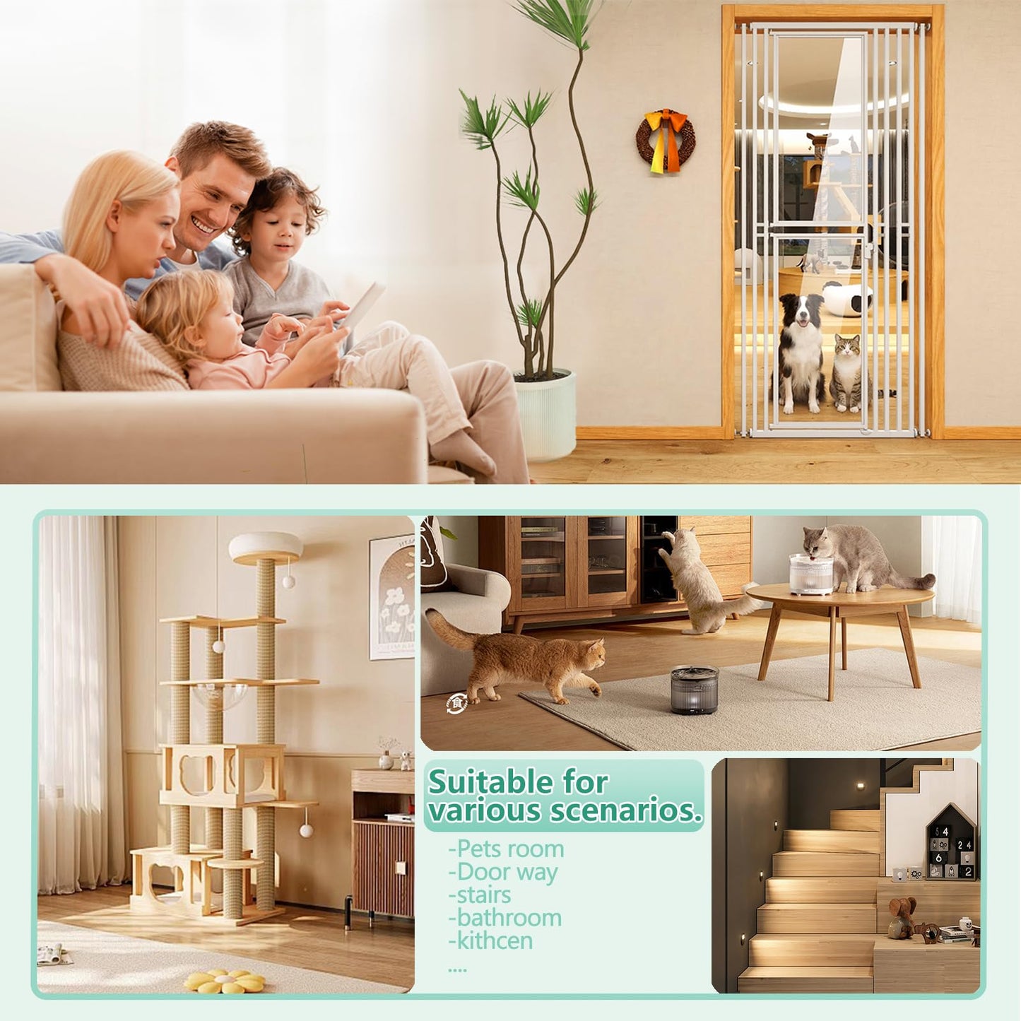 78.74" Extra Tall Cat Gate for Doorway, Wide Adjustable 28"-37" Pet Gate Included 4 Extension Kits,No Drilling Pressure Mounted Transparent Full Door Gate for Stairs, Studio, Kitchen (White)