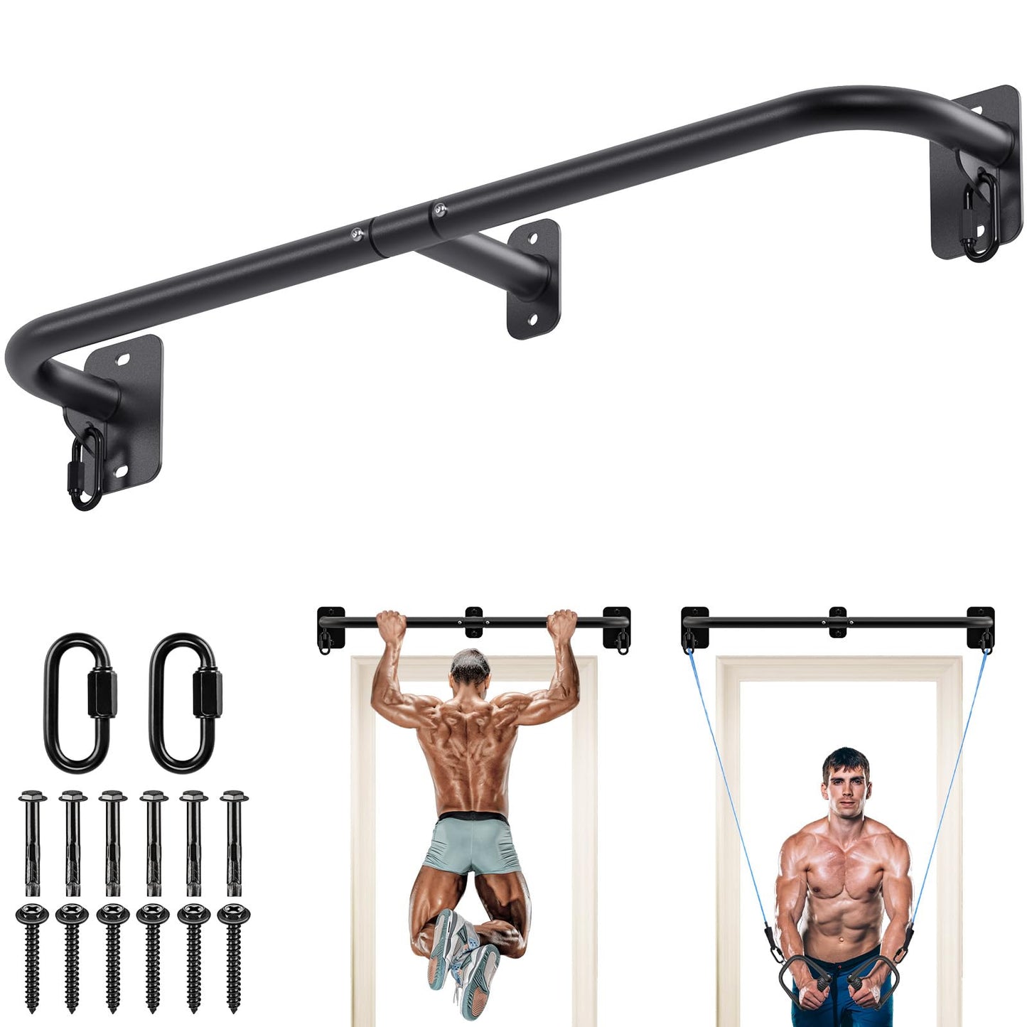 SELEWARE Heavy Duty Wall Mount Pull Up Bar, 450LB Capacity Joist Mount Chin Up Bar for Doorway, Sturdy Steel Construction, w/Resistance Band Hooks, Fits 32" Wall Studs for Home Gym Strength Training
