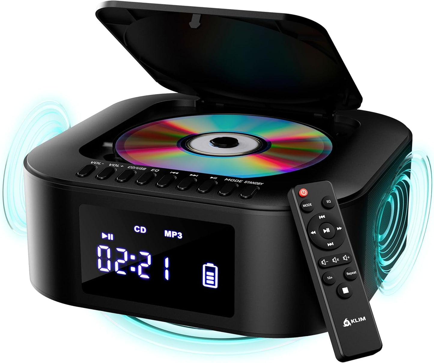 KLIM E1 MP3 Boombox - CD Player Portable Audio System + Extra BASS with Subwoofer + FM Radio, CD Bluetooth AUX USB +