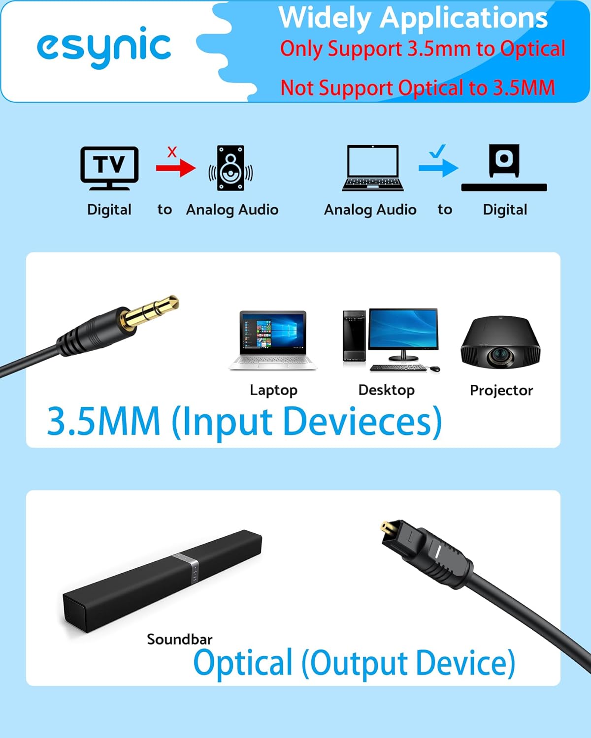 3.5 mm Setup-7ft eSynic Portable to Optical Audio Cable Converter-Aluminum Alloy Housing-Easy to Long Analog to Digital