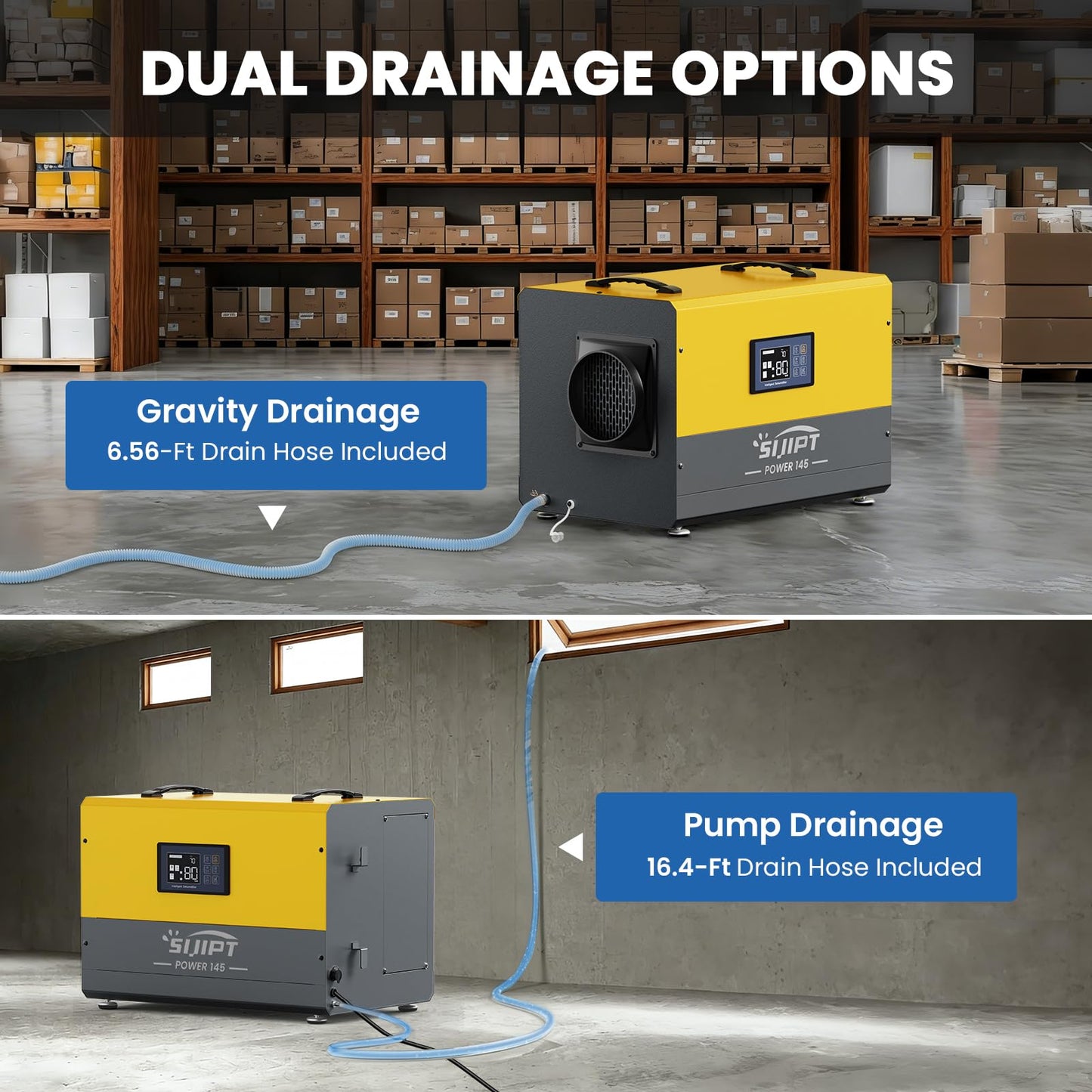 145 Pints Commercial Dehumidifier with Pump & Drain Hose for Crawl Spaces, Basement, Industry Water Damage Unit, Up to 6000 Sq Ft, Automatic Defrost, Adjustable Humidity Control, Compact, Portable