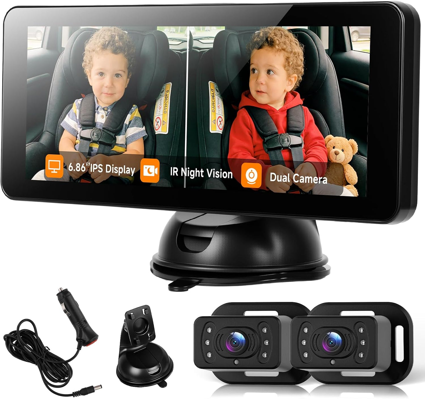 MAHVEC 2 6.86 Inch 2 Dual Baby Car Monitor for Kids - IPS Split Display with IR Night Vision Camera, Dual Channel Car