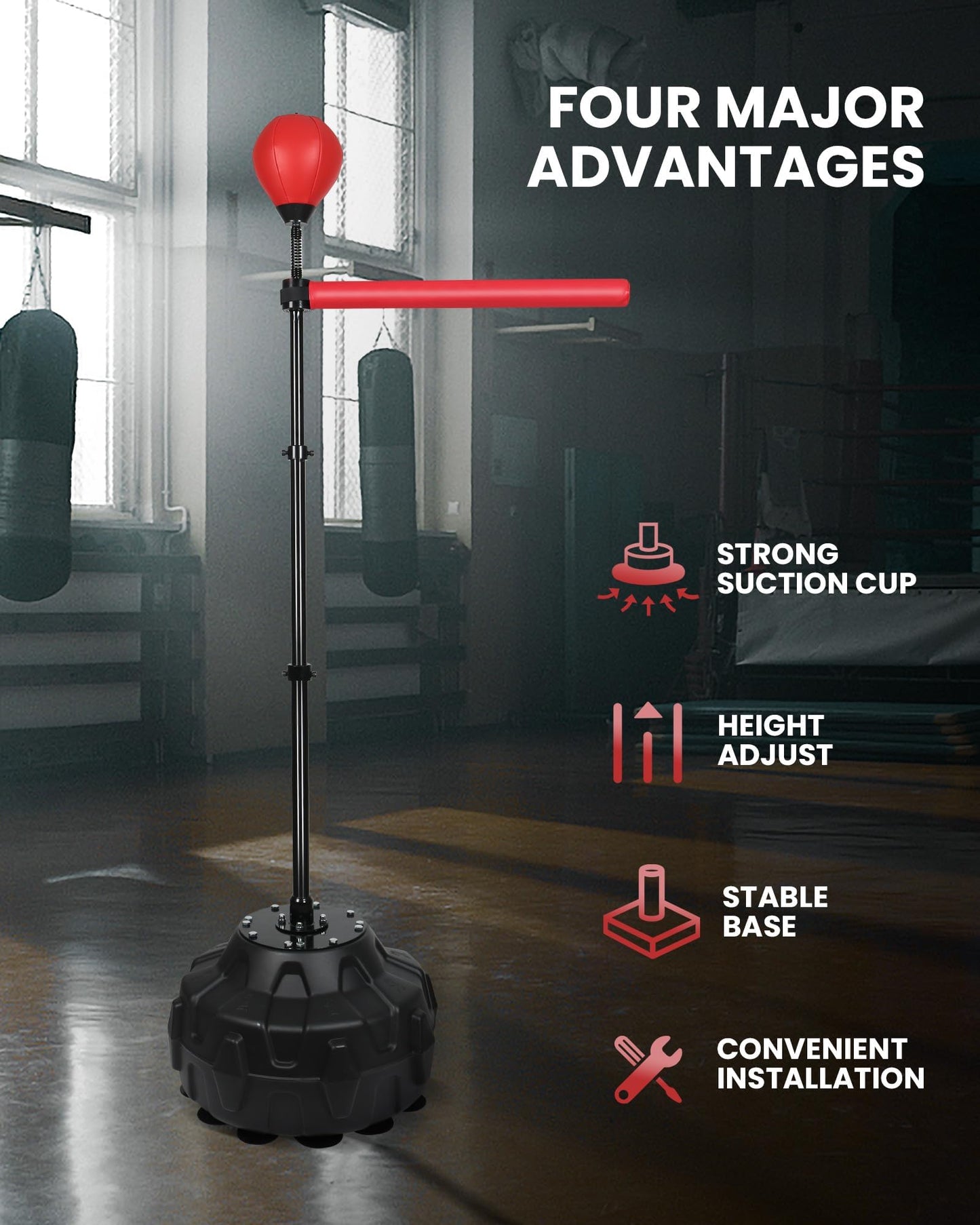 Reflex Ball & 360°Rotating Rod Boxing Bar Training Kit - Punching Bag Spinning Bar, Free Standing Design Adjustable Height for Adults（Red