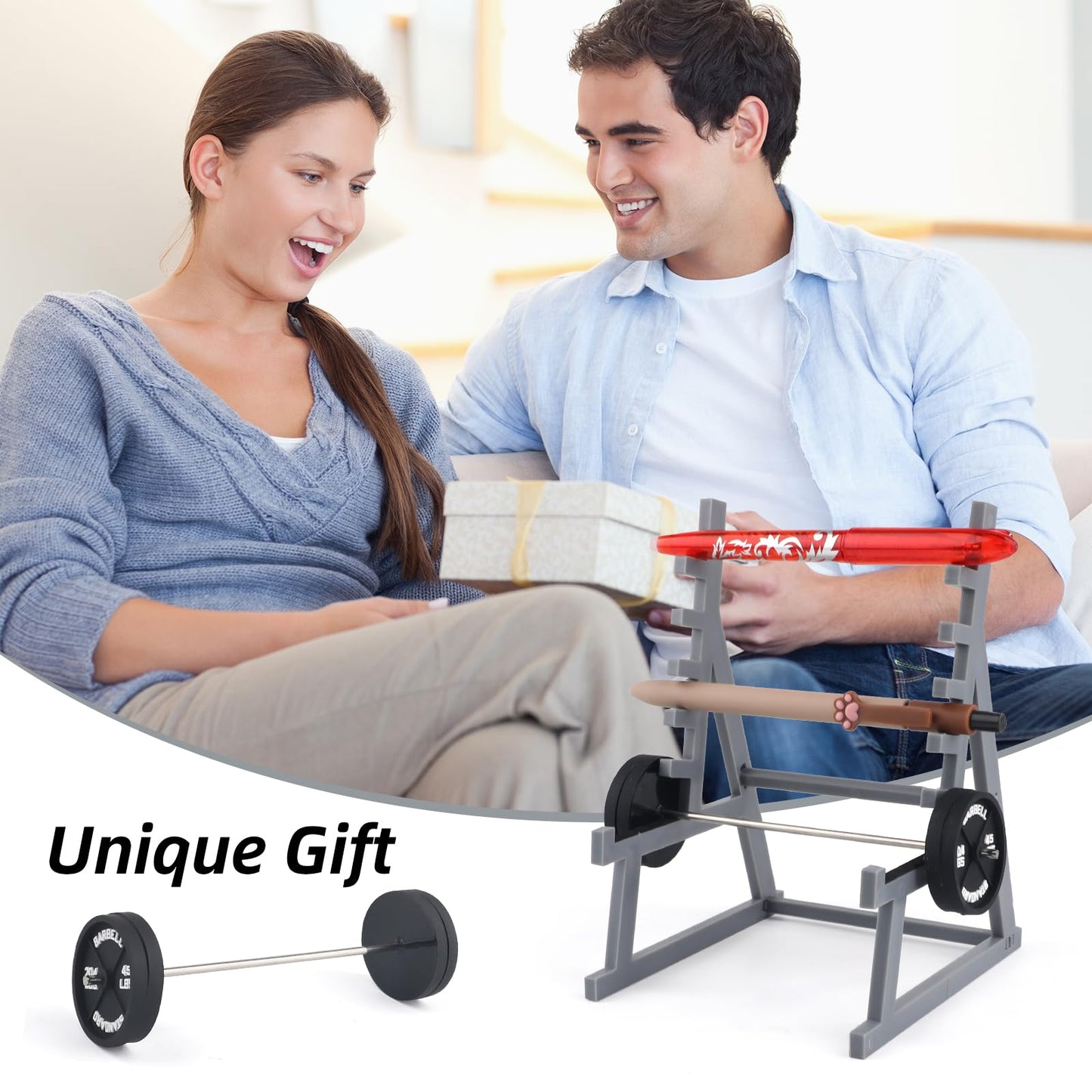 Squat Rack Pen Holder,Desktop Squat Rack with Barbells and Weights,Unique Mini Pen Organizer Barbell Rack Creative Phone Stand for All Fitness Enthusiasts and Weightlifting Fans