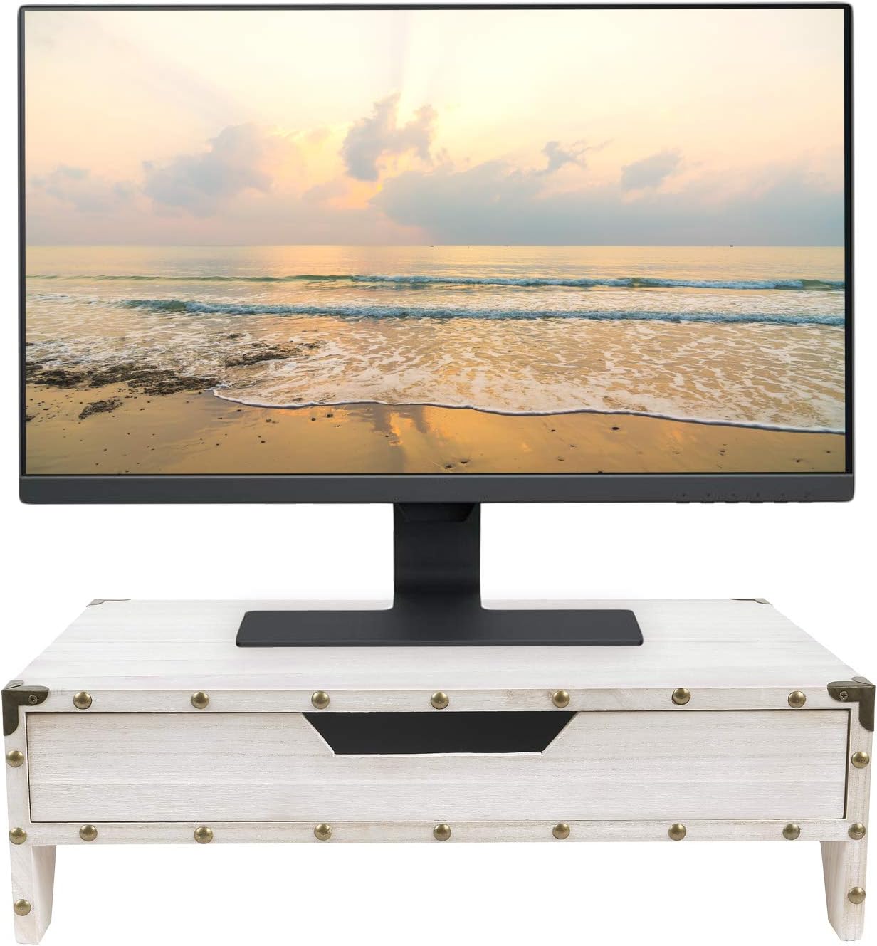 2 Organizer,16 1/2 10 1/4 5 1/8 Ikee Design Wooden Tier Monitor Stand with Drawer,Wood Desktop Stands for Laptop ,TV
