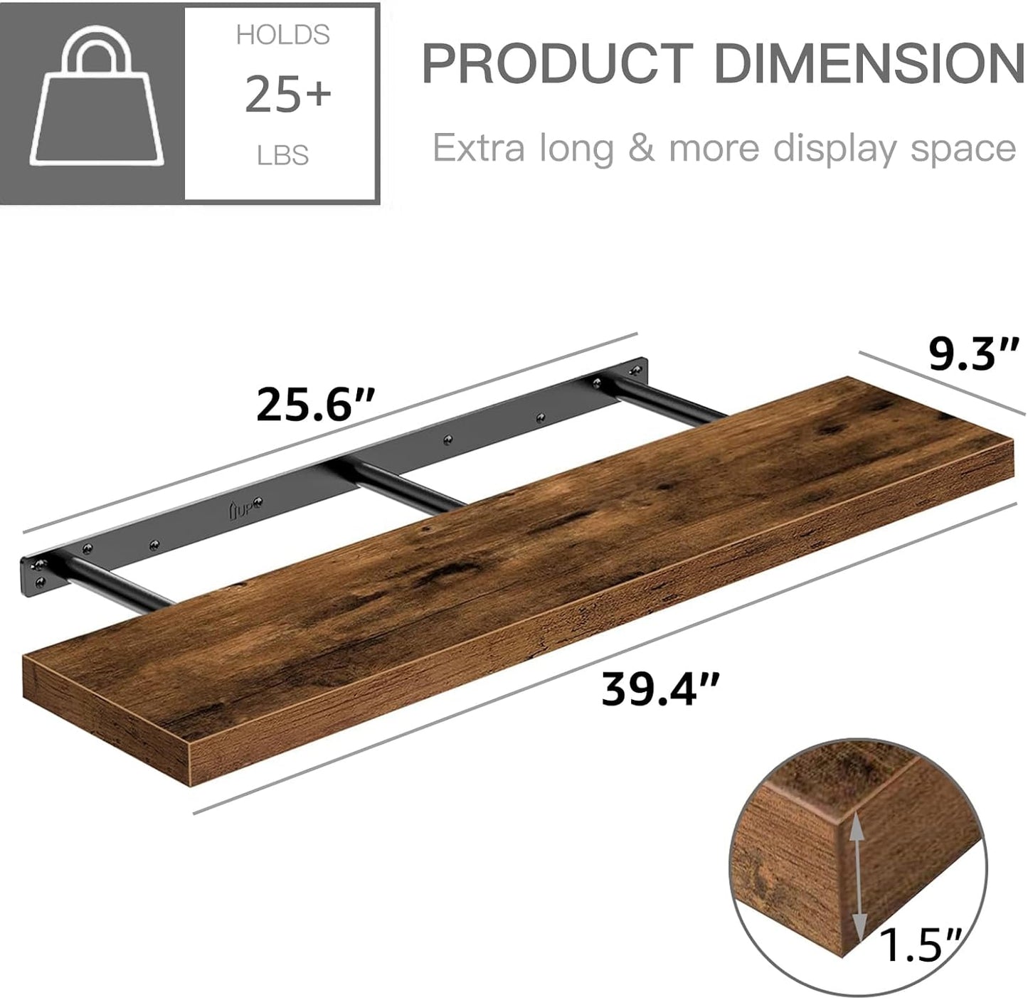 QEEIG Floating Shelves - Rustic Brown Wall Mounted Display Shelf Set of 2 | 39.4" x 9.3" for Home Decor