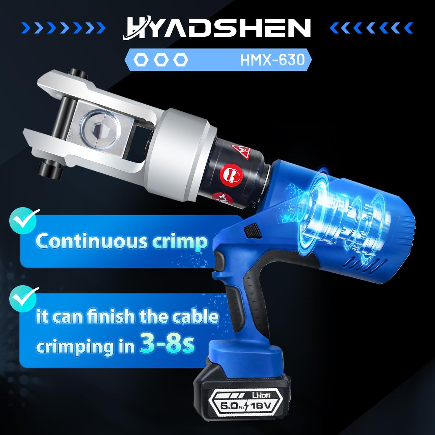 HYADSHEN Electric Hydraulic Cable Lug Crimper Pliers Rechargeable Crimping Tool 20 Ton Electrical Terminal Cable Wire Fiber Crimper Kit with 7 Dies (HMX-630)
