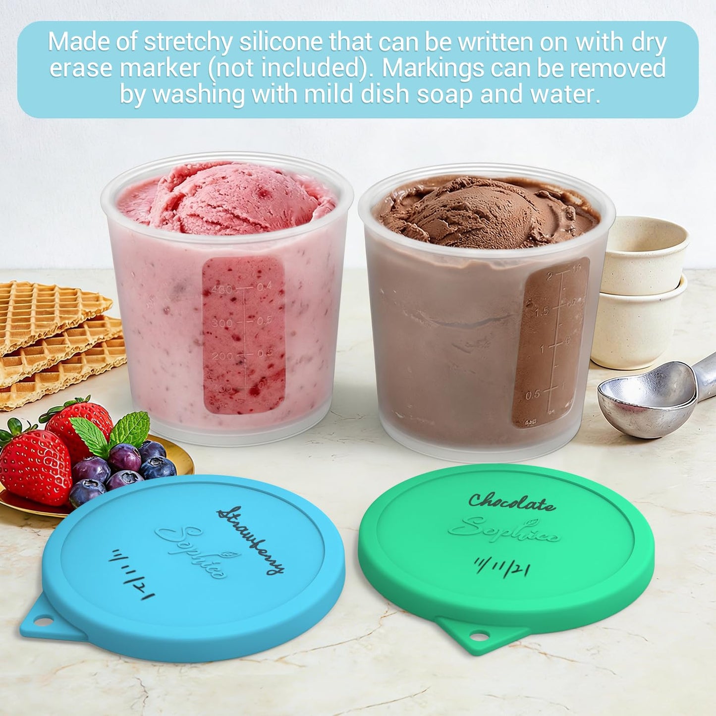 SOPHICO Ice Cream Pint Containers with Silicone Lids, Freezer Food Storage Tubs for Homemade IceCream, Meal Prep, Yogurt and Soup, Airtight & Dishwasher Safe (MEDIUM, 4 Pack)