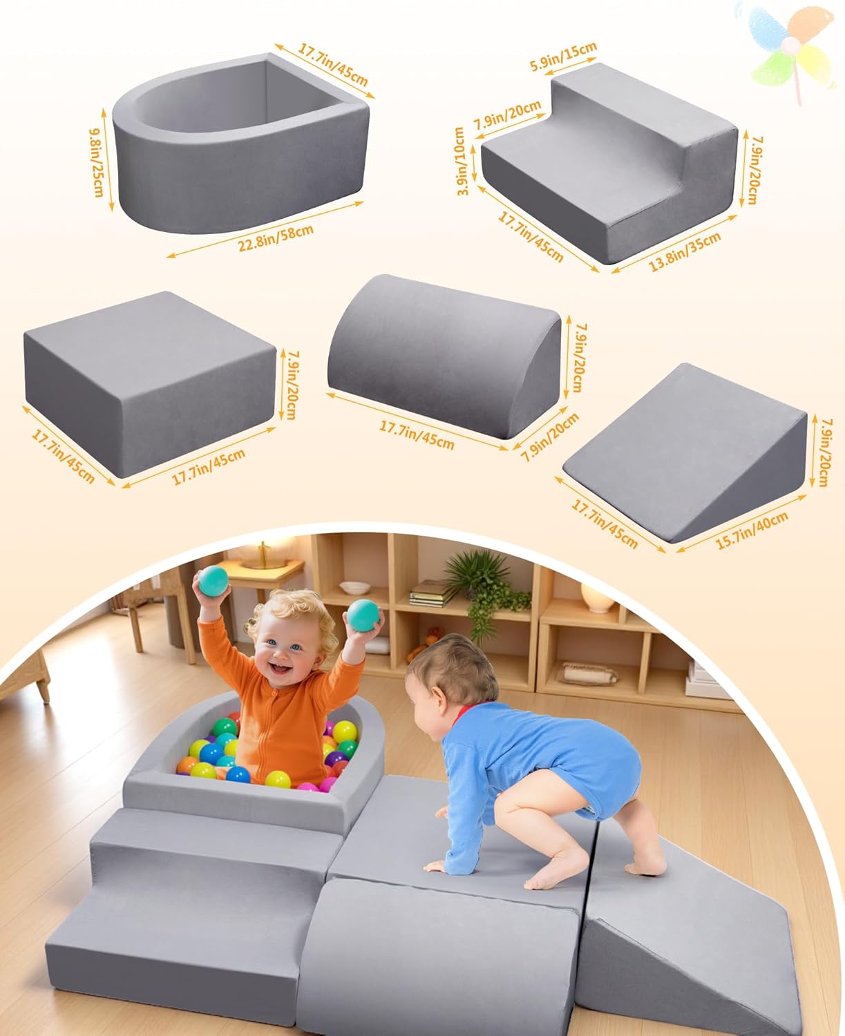 Skiennix Baby Climbing Blocks - Soft Play Set for Crawling Infants 6-12 Months | Anti-Slip Foam Gym (Grey)