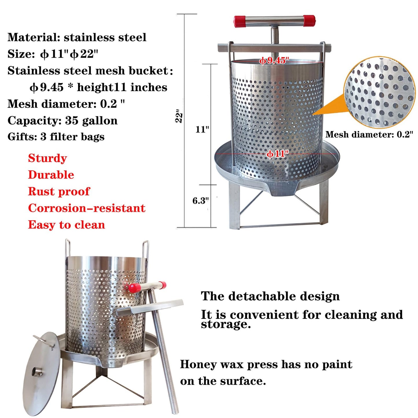 HCTOOL Honey Press Extractor Wax Machine Stainless Steel Honey Press Beeswax Machine Manual Large Bee Honey Presser Fruit Wine Press For Honey Wine Juice Vegetables Olive Oil Making