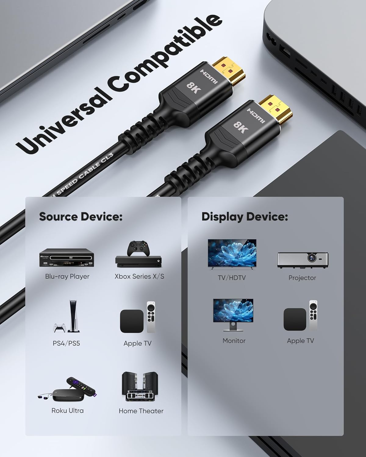 15 4K 8K 10K 2.1 CL3 8K@60Hz 4K@120Hz 48Gbps], Highwings Long HDMI Cable FT, HDMI Cord Ultra High Speed [in-Wall Rated