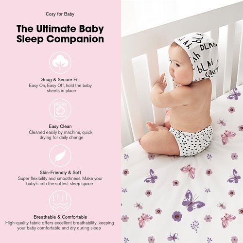 Little Grape Land Mini Crib Sheets 4 Pack, Pack n Play Sheets Fitted 38 x 26 for Boys and Girls, Pack and Play Sheets Compatible with Graco Pack n Play Playard, Butterfly Flower
