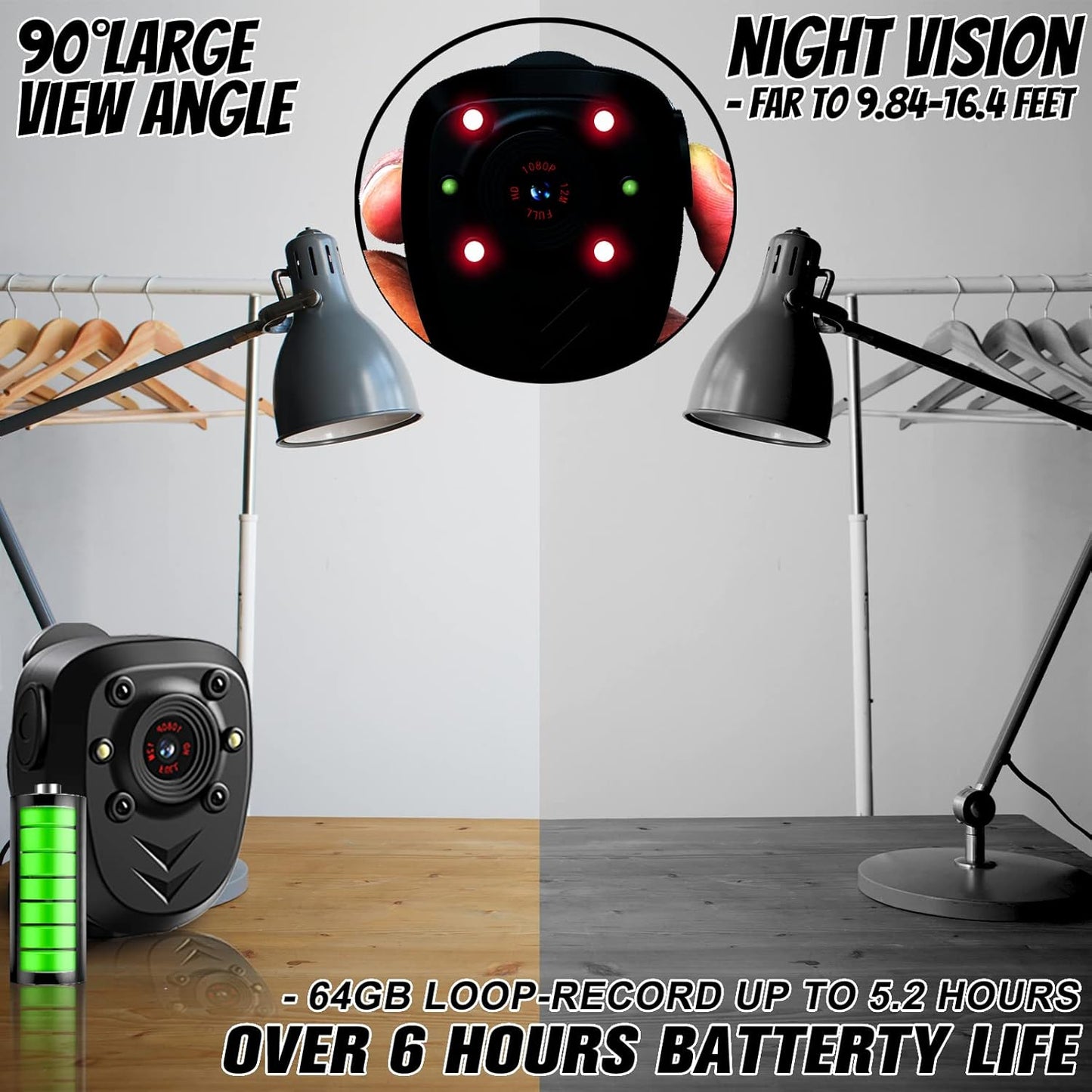 Muayb 64GB 1080P 6 Body Camera Police Civilians Patrol Portable Body Mounted Camcorder Night Vision Hours Battery Life