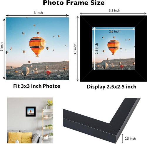 JCJMY 3x3 Picture Frame - Black Tabletop Photo Frame with Shatter-Resistant Plexiglass