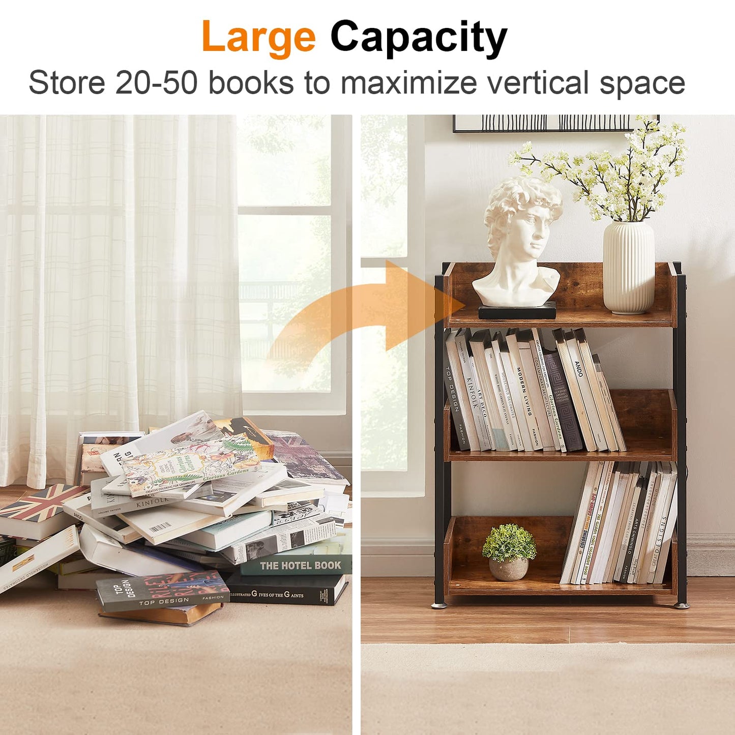 VECELO Bookshelf,Small Bookcase,3-Tier Storage Organizer,Industrial Shelving Unit for Home Office,Living Room,Dormitory,30" H,Retro Brown