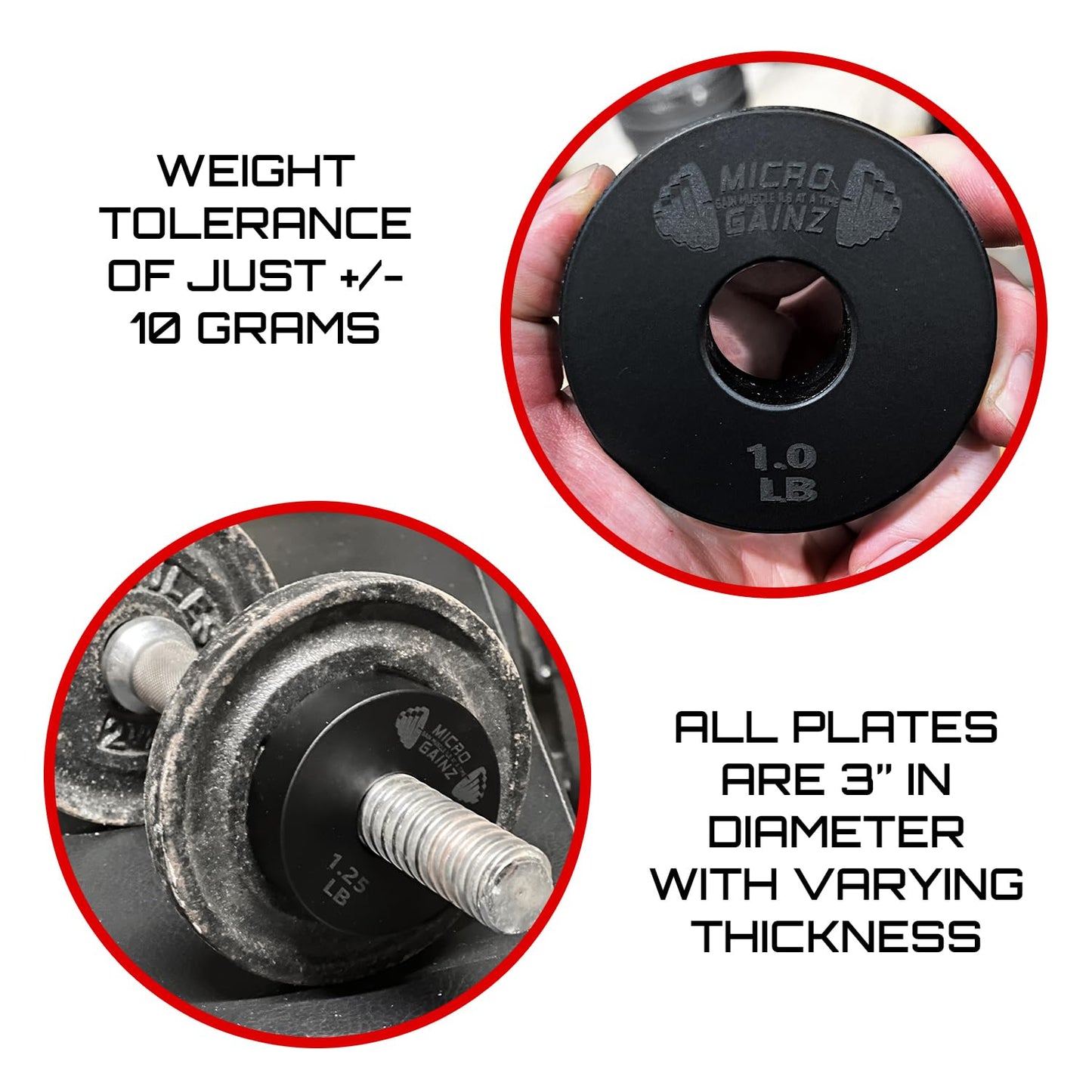 Micro Gainz Standard 1-Inch Center Hole Weight Plates, Set of 2 Black Fractional Plates Choose Set (.25LB-1.25LB), Designed for Standard 1-inch Barbells & Dumbbells, Made In USA (1.25 lb)