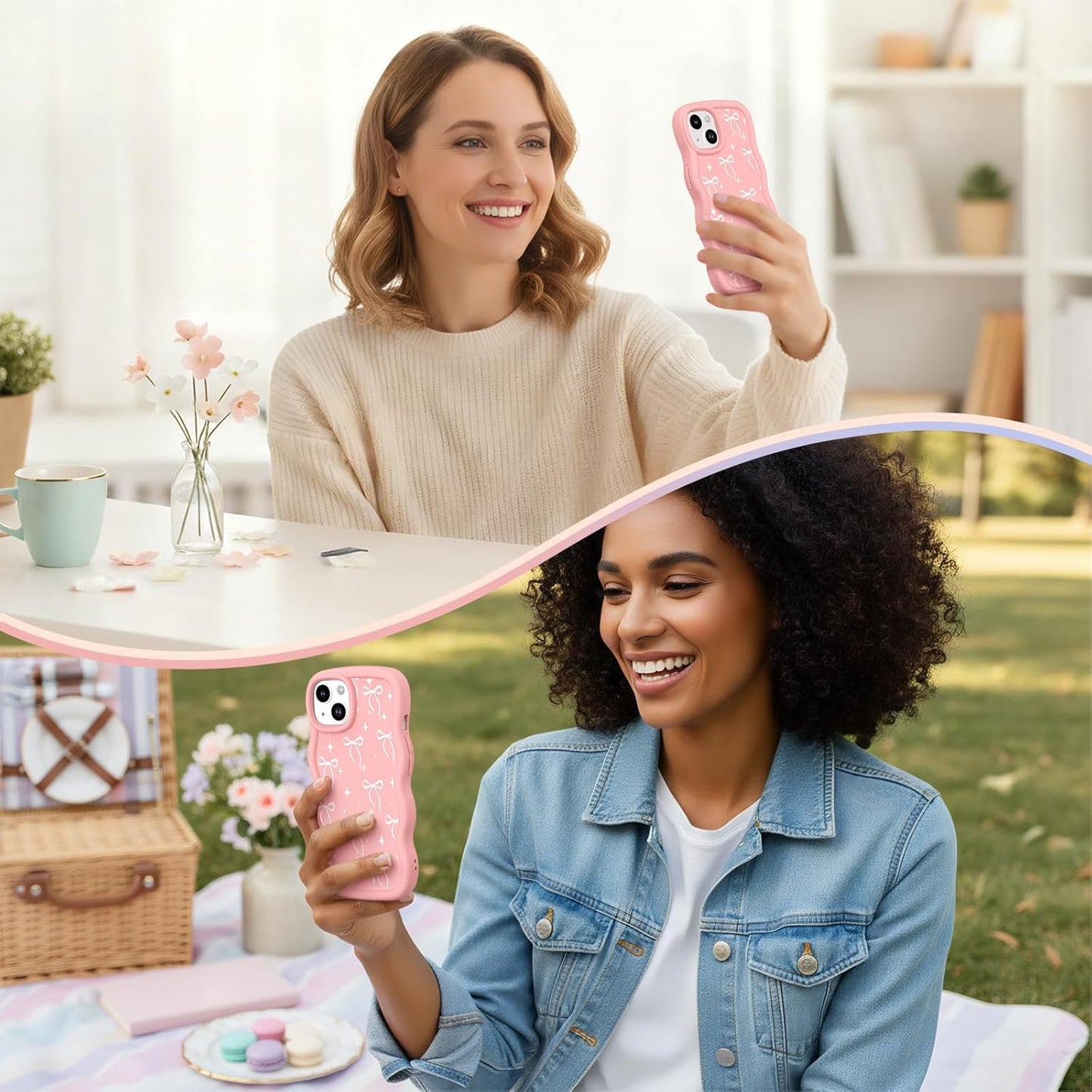 CASBST 15 15 Compatible with iPhone Case for Women Girls, Curly Wavy Frame with Cute Pattern, Aesthetic Slim Soft