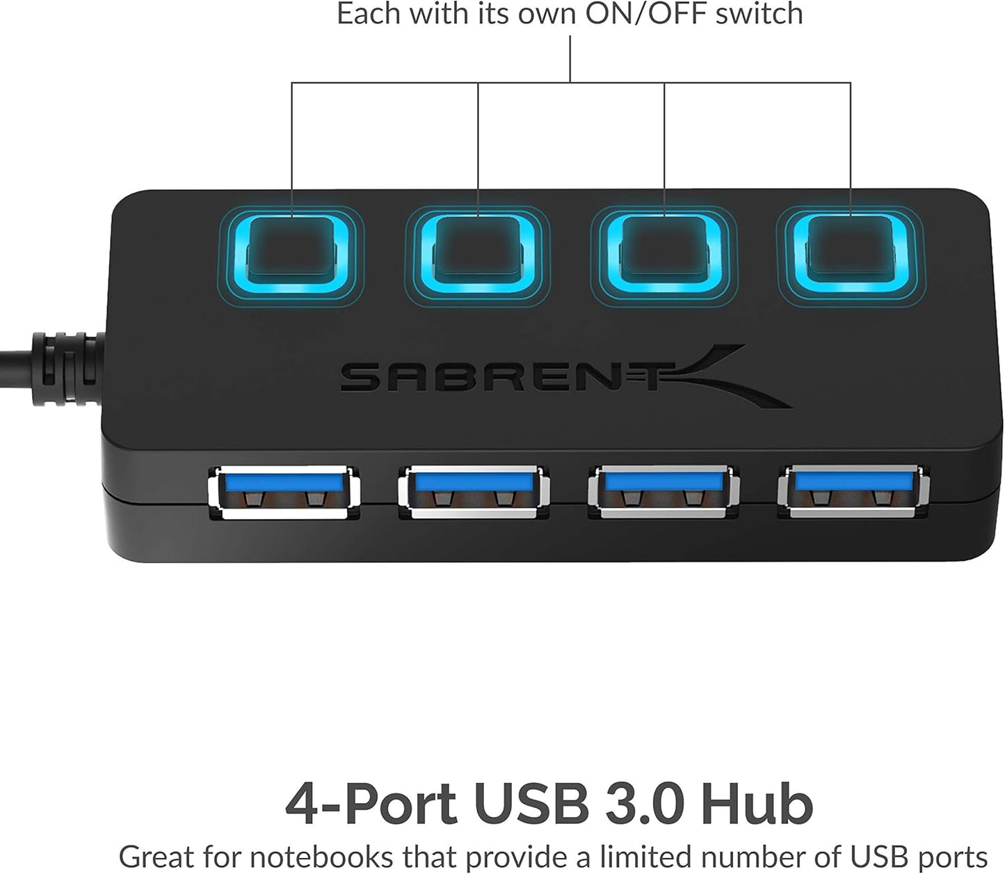 SABRENT 4-Port 3.0 2 (HB-UM43) USB Hub with Individual LED Power Switches - Slim, Portable Design - Ft Cable - Fast