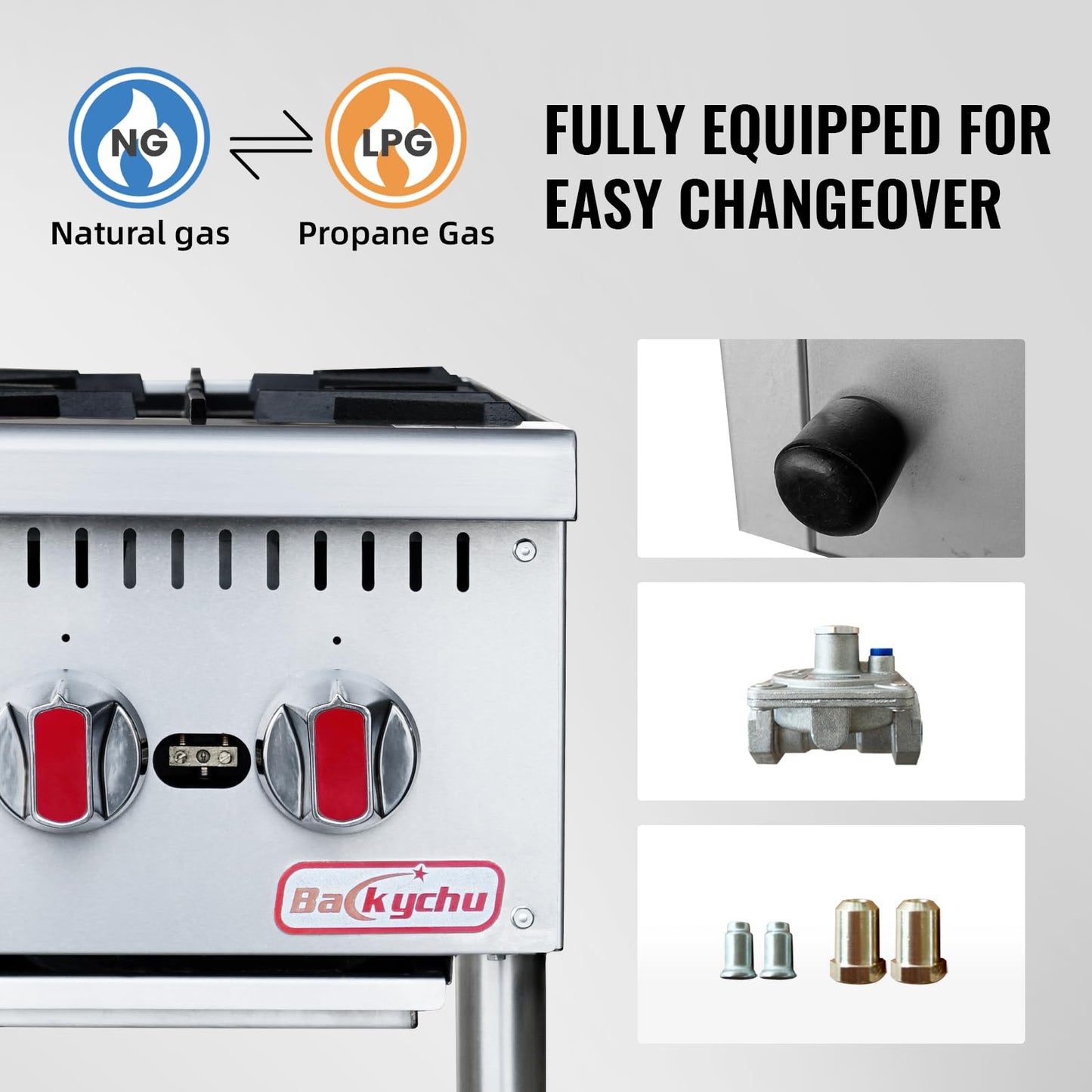 Backychu 2-Burner Commercial Gas Stove- 50,000 BTU Countertop Cooking Stove Range, Heavy-Duty Hot Plate, Stainless Steel Cooking Equipment for Restaurant, kitchens, Propane/Natural Gas