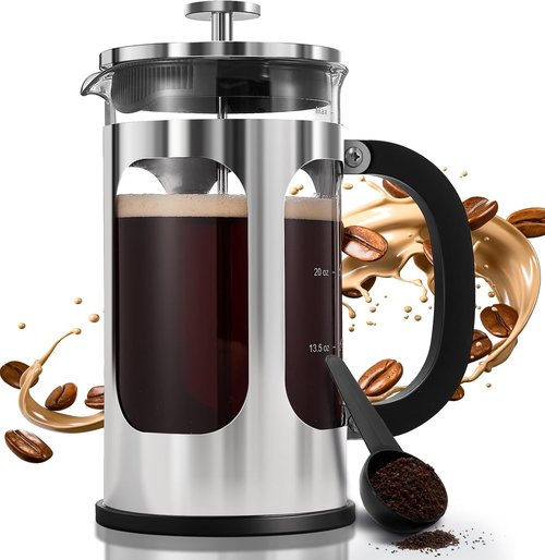 BAYKA French Press Coffee Maker - 34oz Cold Brew & Iced Coffee Pot | Durable Borosilicate Glass, Silver