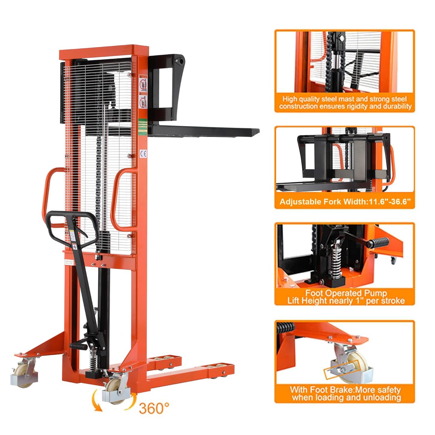 Tory Carrier Material Lift, Manual Pallet Stacker 2200 lbs Capacity, 63” Lifting Height Hydraulic Truck with Adjustable Forks Suitable for Open Bottom Pallets