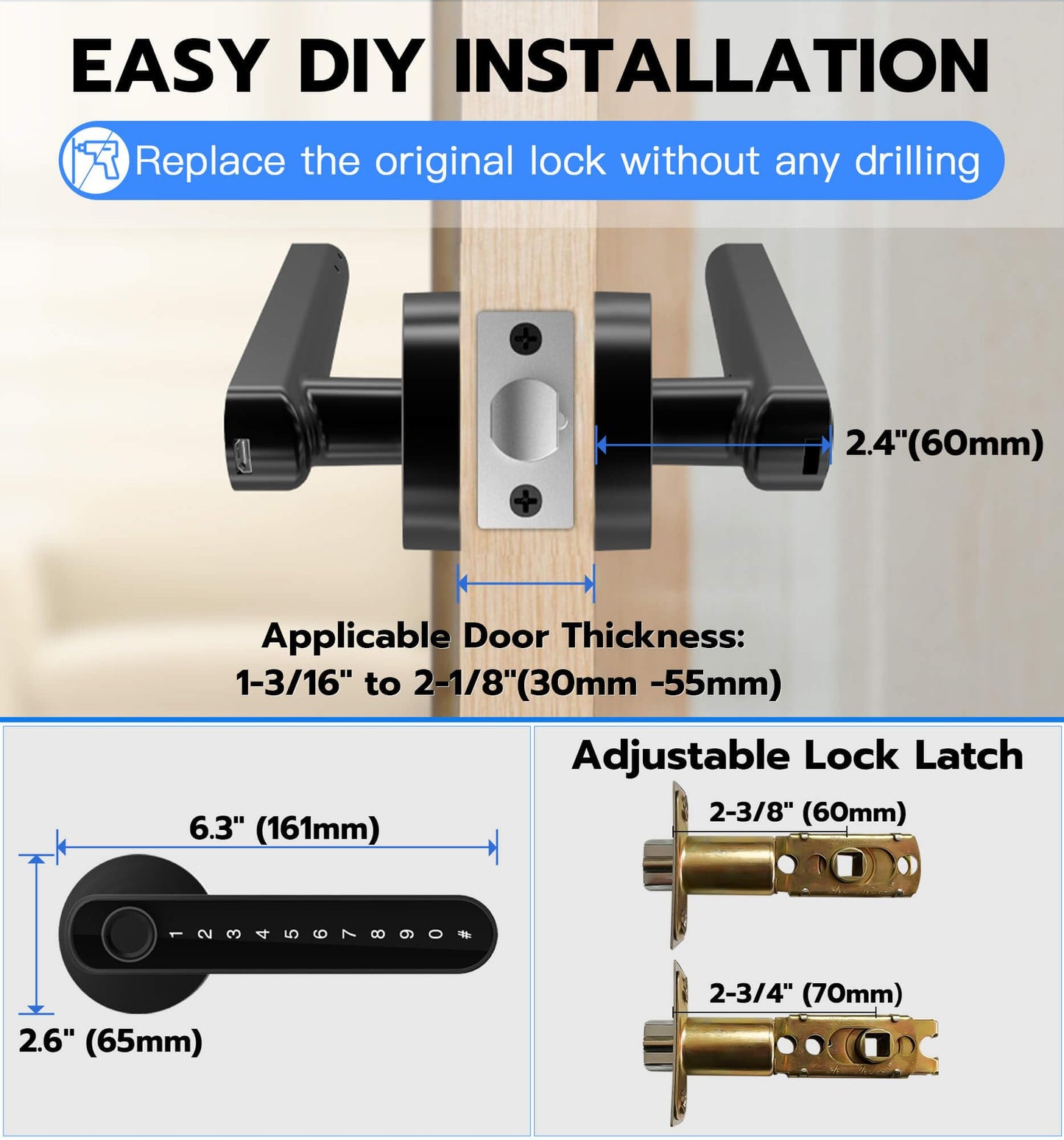 eLinkSmart Fingerprint Door Knob Lock, Smart Keyless Entry Door Lock with Code Keypad Handle, Biometric Electronic Security Locking Door Lever Locks for Bedroom Interior Indoor Room - Black