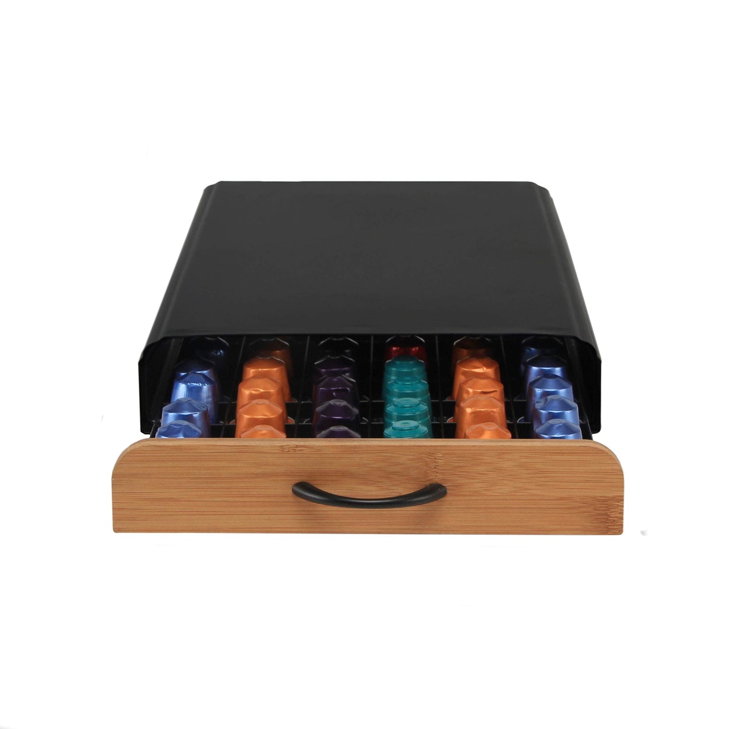 Flagship Coffee Pod Holder for Nespresso Originalline Capsule Holder Drawer Pod Storage Drawer 60 Capacity, Black Metal & Bamboo Coffee Drawer