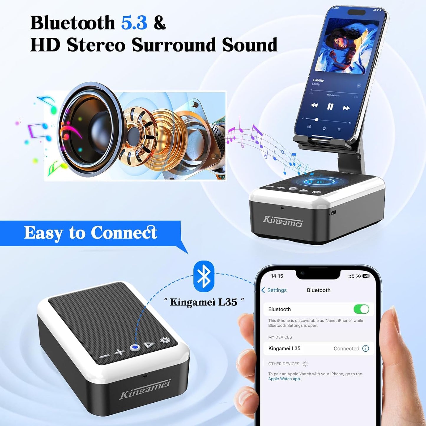 Kingamei 3-in-1 5.3 Cell Phone Stand with Bluetooth Speaker, RGB Colorful Light Desk Phone Holder, Foldable Cool Tech