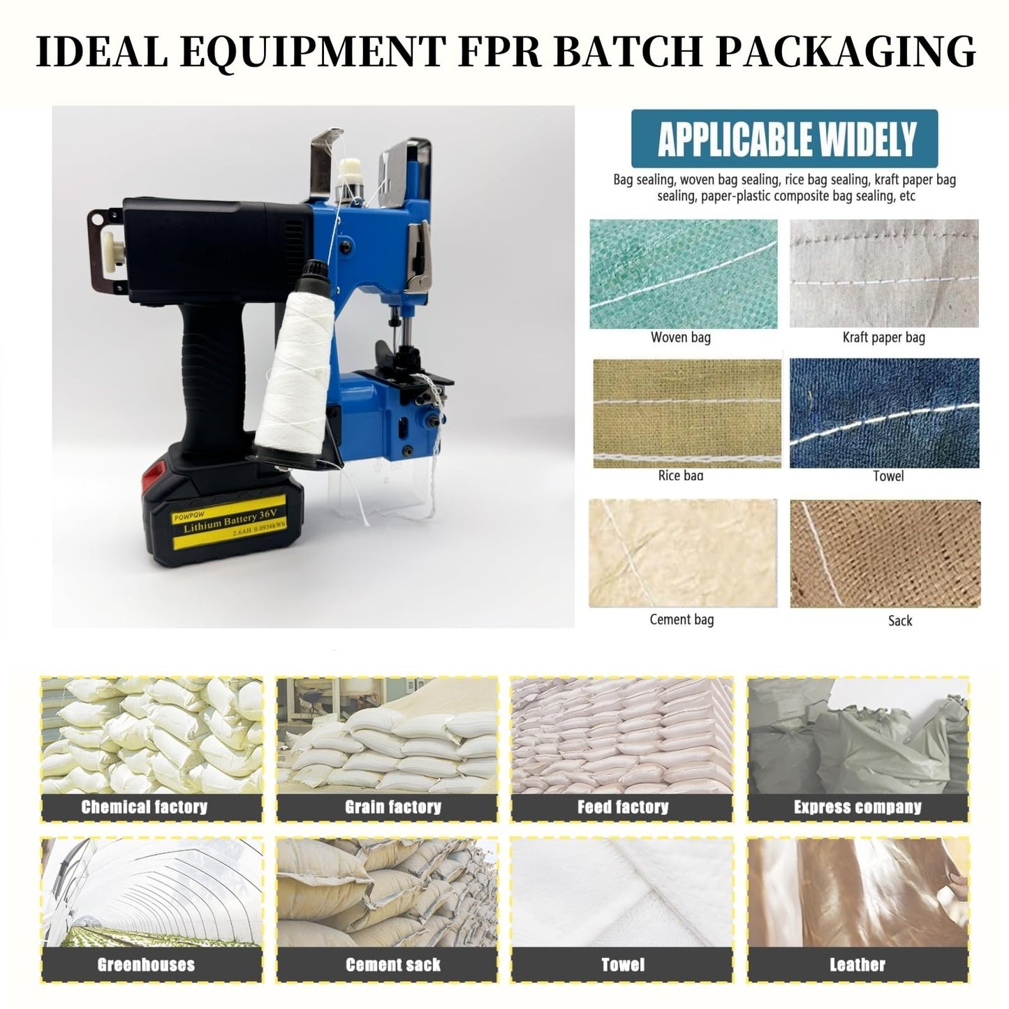 Bag Sewing Machine, 2s/bag Portable Bag Sewing Machine, Industrial Bag Closing Machine for Packing Woven Bags Non-woven Fabrics Leather (Blue, Lithium Battery - 36V)