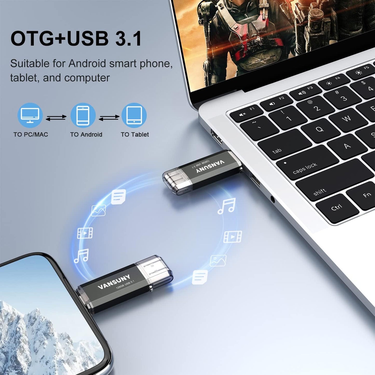 Vansuny 128GB 150MB/s 3.1 2 1 Type C Flash Drive Upgraded USB Flash Drive in OTG USB A + Tape C Memory Stick