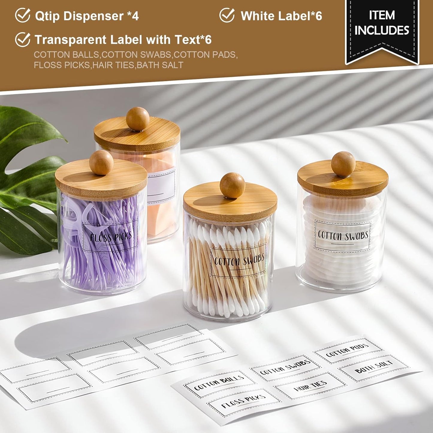 Qtip Holder Dispenser by [Brand Name] - 10 oz Clear Plastic Apothecary Jar with Bamboo Lids | Stylish Vanity Organizer for Cotton Swabs and Makeup Accessories