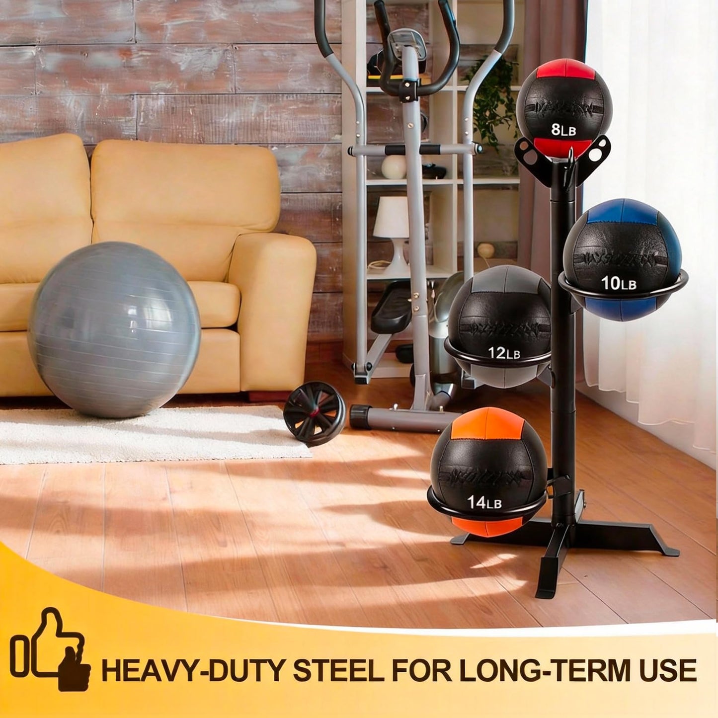 Zonon Medicine Ball Rack for Home Gym, 4-Tier Vertical Storage Stand with 360° Rotating Rings, 4 Balls Heavy Duty Steel Organizer for Yoga, Slam Wall Balls, Space Saving Gym Equipment Storage, Black