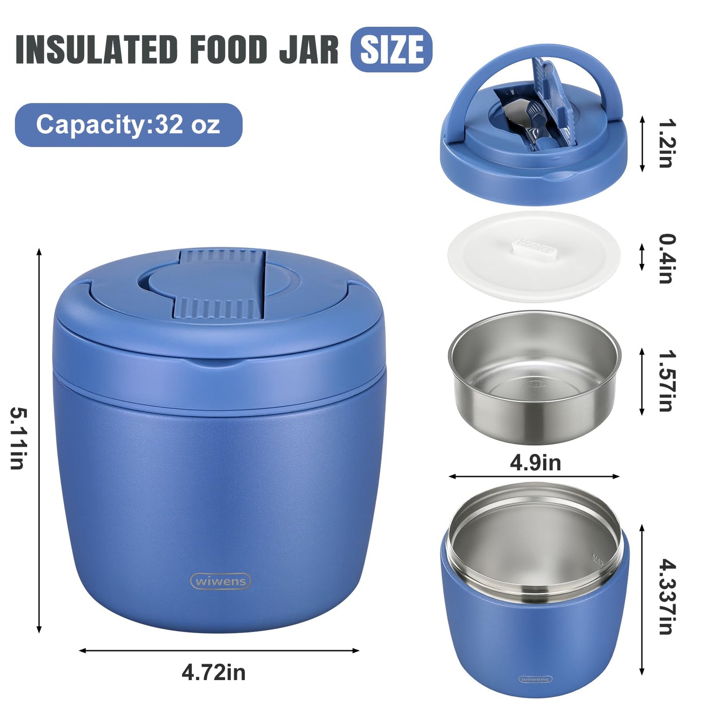 wiwens Thermo Food Jar for Hot Food Adults 32OZ Soup Thermo Lunch Containers Wide Mouth Vacuum Insulated Stainless Steel Leakproof Bento Box with Spoon (Blue)