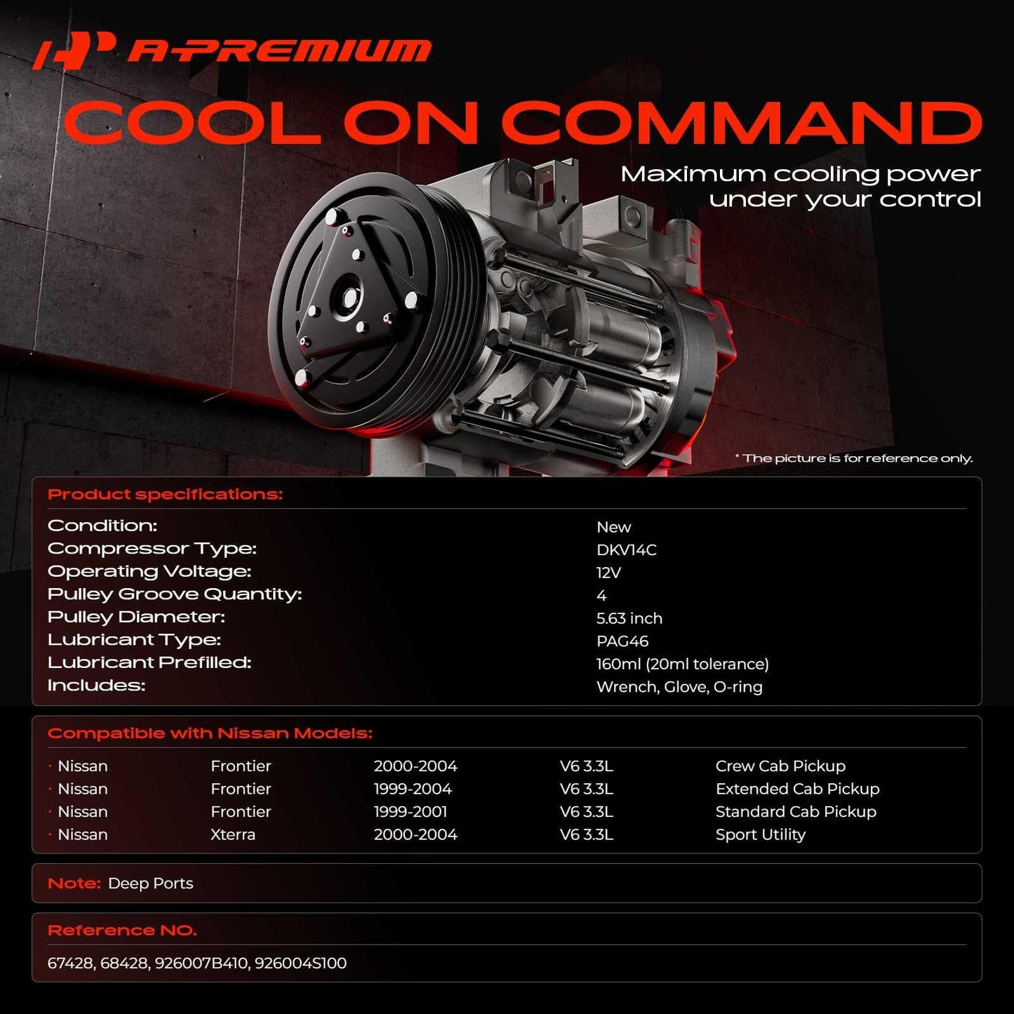 A-Premium Air Conditioner AC Compressor with Clutch Compatible with Nissan Frontier 3.3L 1999-2004, Xterra 3.3L 2000-2004, DKV14C Style, 4 Grooves