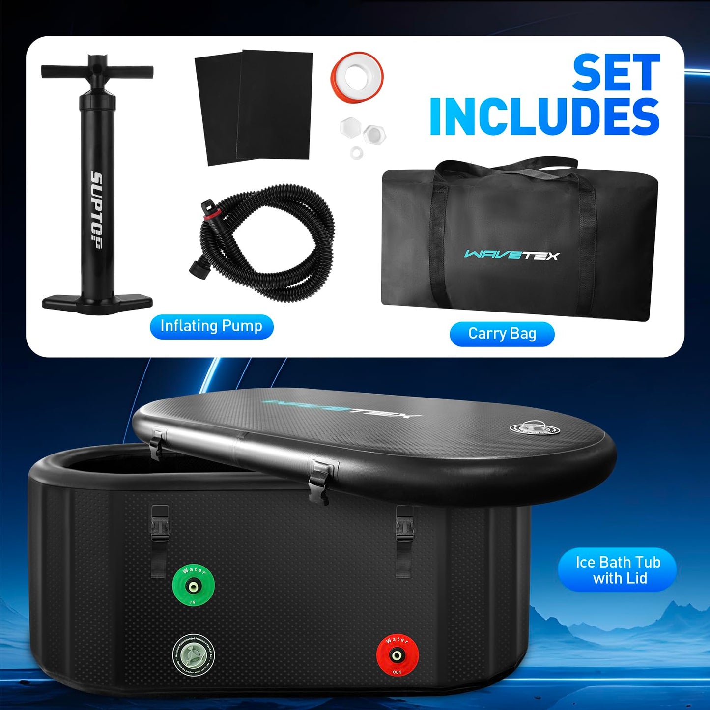 Inflatable Ice Bath Tub for Athletes Compatible with Water Chiller, Portable Recovery Tub with Lid, for Indoor & Outdoor Therapy Recovery, 59 L x 30" W x 28" H, Black (Oval)
