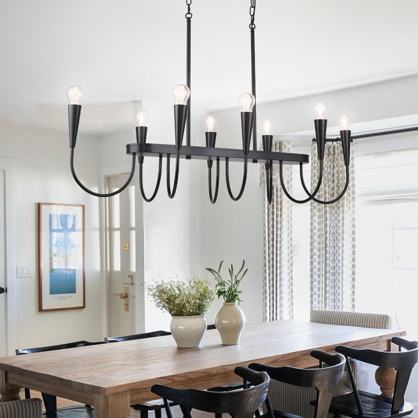 Fang Yan Mei 48 Inch Black Industrial Chandelier, 8-Light Linear Farmhouse Dining Room Ceiling Light for Kitchen Island, Adjustable Hanging Chain, E26 Bulb Base (Bulbs Not Included)