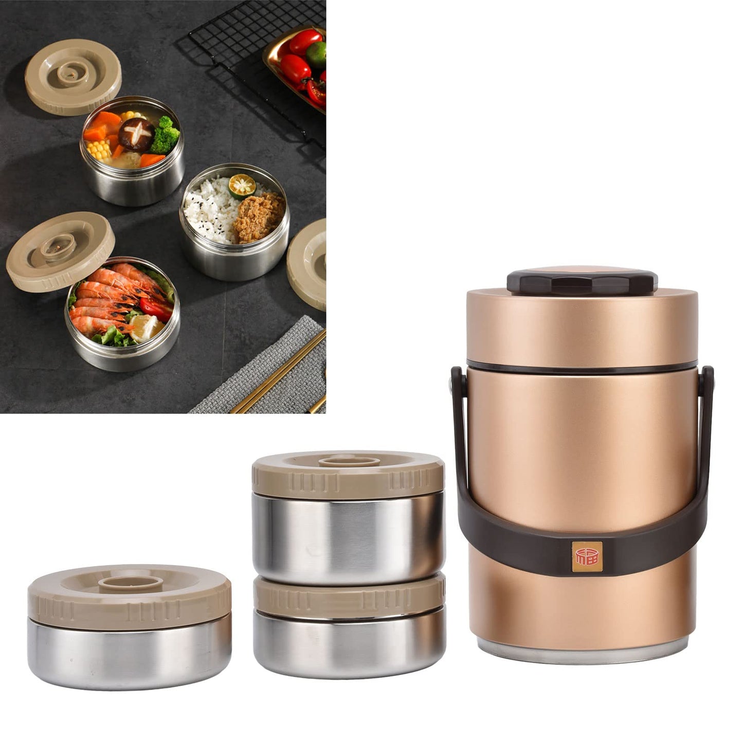Estink 2000ml Vacuum Insulation Lunch Box 3 Layer Lunch for Hot Food, 304 Stainless Steel Thermal Lunch Box Insulated Food Jar Insulated Food Container (Gold)