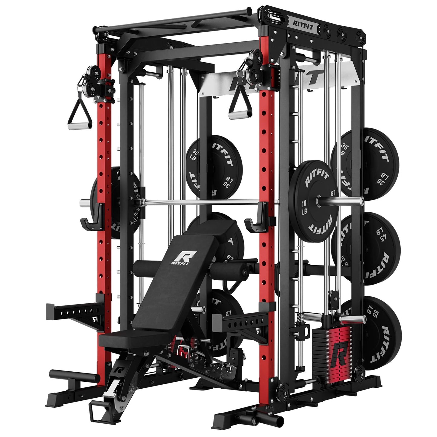 RitFit M2 Smith Machine with Cable Crossover System, 3D Functional Trainer & Power Cage, 16 Adjustment Holes, 6 Storage Pegs for Full-Body Home Gym(M2 PRO-3D Red with BP340)