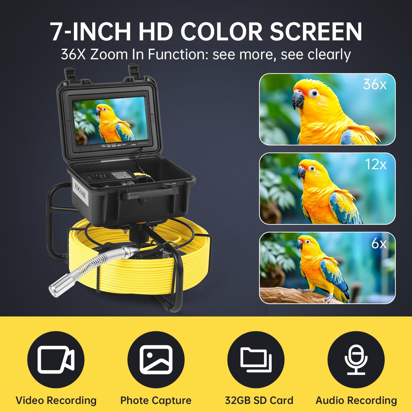 FDGSAB Sewer Camera with 512Hz Locator, 20/30/50m, 7" Pipeline Inspection kit with DVR Function, IP68, 12 Adjustable LEDs, A 32GB Card for Sewer Line, Home, Duct Drain Pipe Plumbing (9618FTR-20)