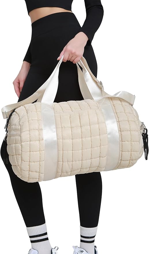 Quilted Duffel Gym Bag for Men and Women Carry On Travel Sport Weekender Bag, Off White