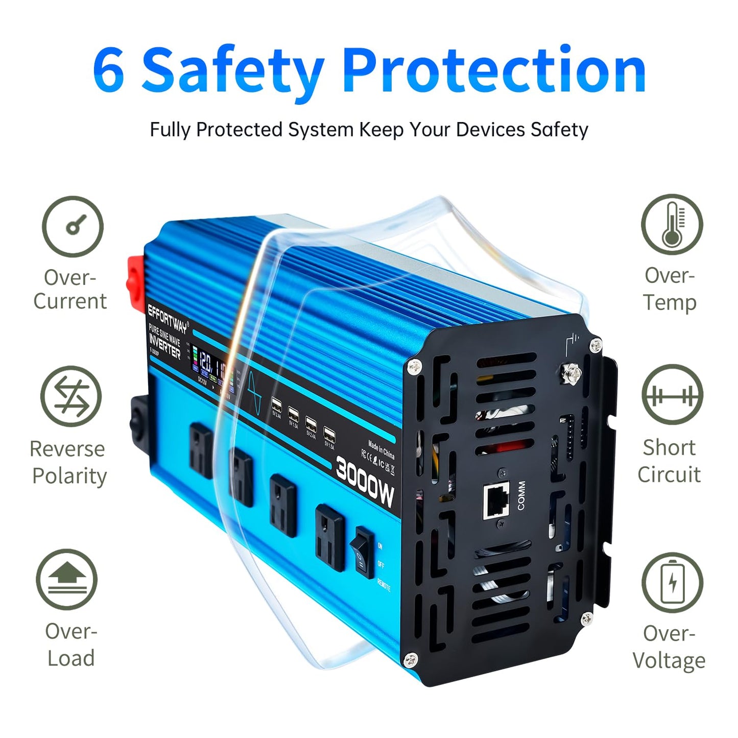 3000w Pure sine Wave Inverter DC 12V to AC 110V/120V Converter, 6000w (Peak) with LCD Display, Wireless/Wired Remote Control, 4AC outlets and 4USB.Ideal for Camping, RV Travel, Off-Grid Solar Systems