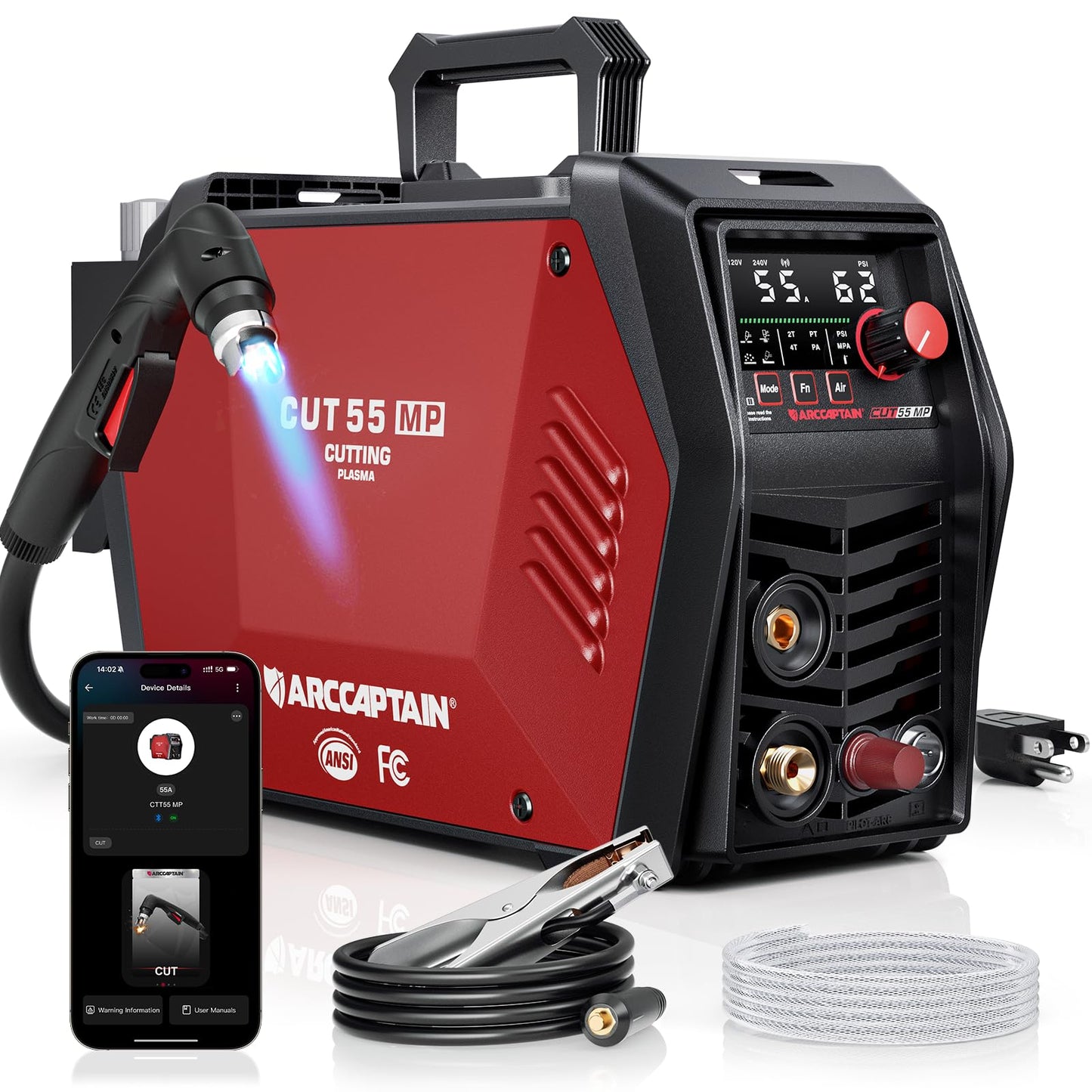 ARCCAPTAIN iControl [Non-HF] Plasma Cutter CUT55 MP with APP Control, 55Amp Blowback Pilot Arc, 120V/240V, Upgraded LED Display, Expanded Metal, Rust Removal, Plasma Gouging, Pressure Detection