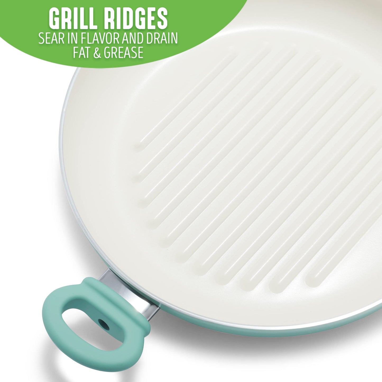 GreenLife 11” Healthy Ceramic Nonstick Grill Pan with 2 Handles and Lid, PFAS-Free, Rivetless Interior, Grill Ridges, Dishwasher Safe, Oven Safe, Turquoise
