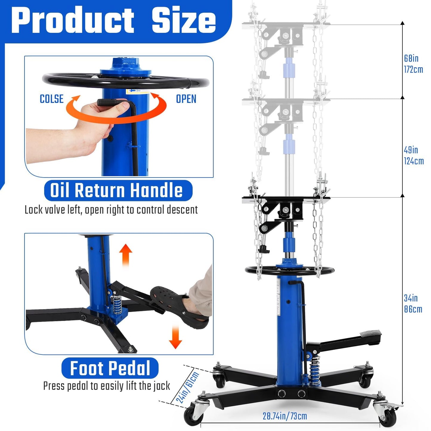 Hydraulic Transmission Jack, 1322 LB Capacity, 34-68 in, Heavy Duty Telescopic Transmission Jack Lift with Foot Pedal, 30° Tilt Saddle & 360° Swivel Wheels for Garage & Shop, Blue