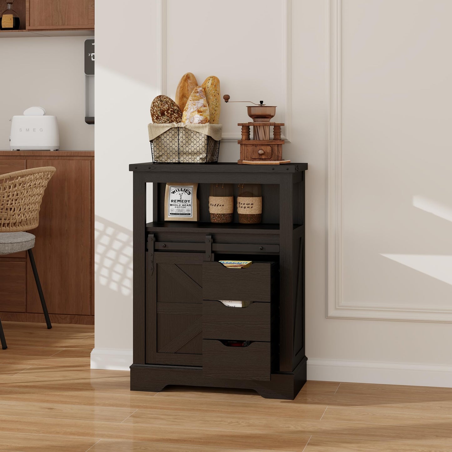 Panana Farmhouse Bathroom Floor Cabinet, Sliding Barn 3 Drawers & 1 Door Freestanding Small Storage Cabinet for Bathroom, Kitchen (Black)
