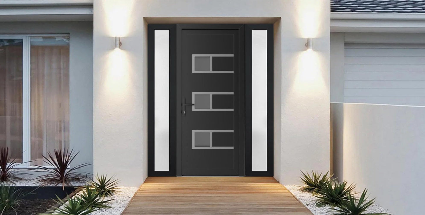 VDOMDOORS Front Exterior Prehung Metal-Plastic Door Frosted Glass | Manux 8933 Matte Black | 2 Side Sidelite Transoms | Residential Doors Entrance Patio Garage 60 x 80 (W14+32+14 x H80) Right-Inswing