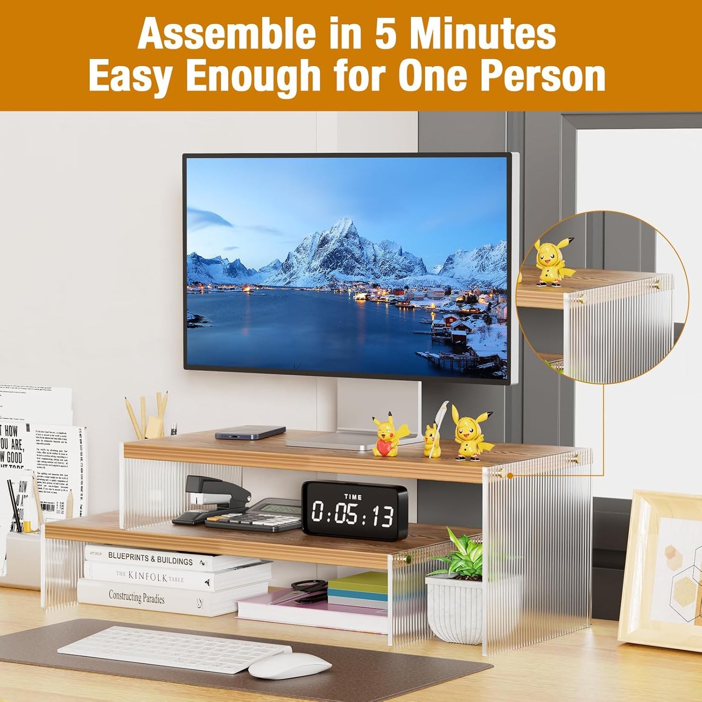 Legs15.74" Desk2-Tier PCModern Adjustable Monitor Stand Riser with Acrylic Length Dual Monitor Stand for Wood Desktop