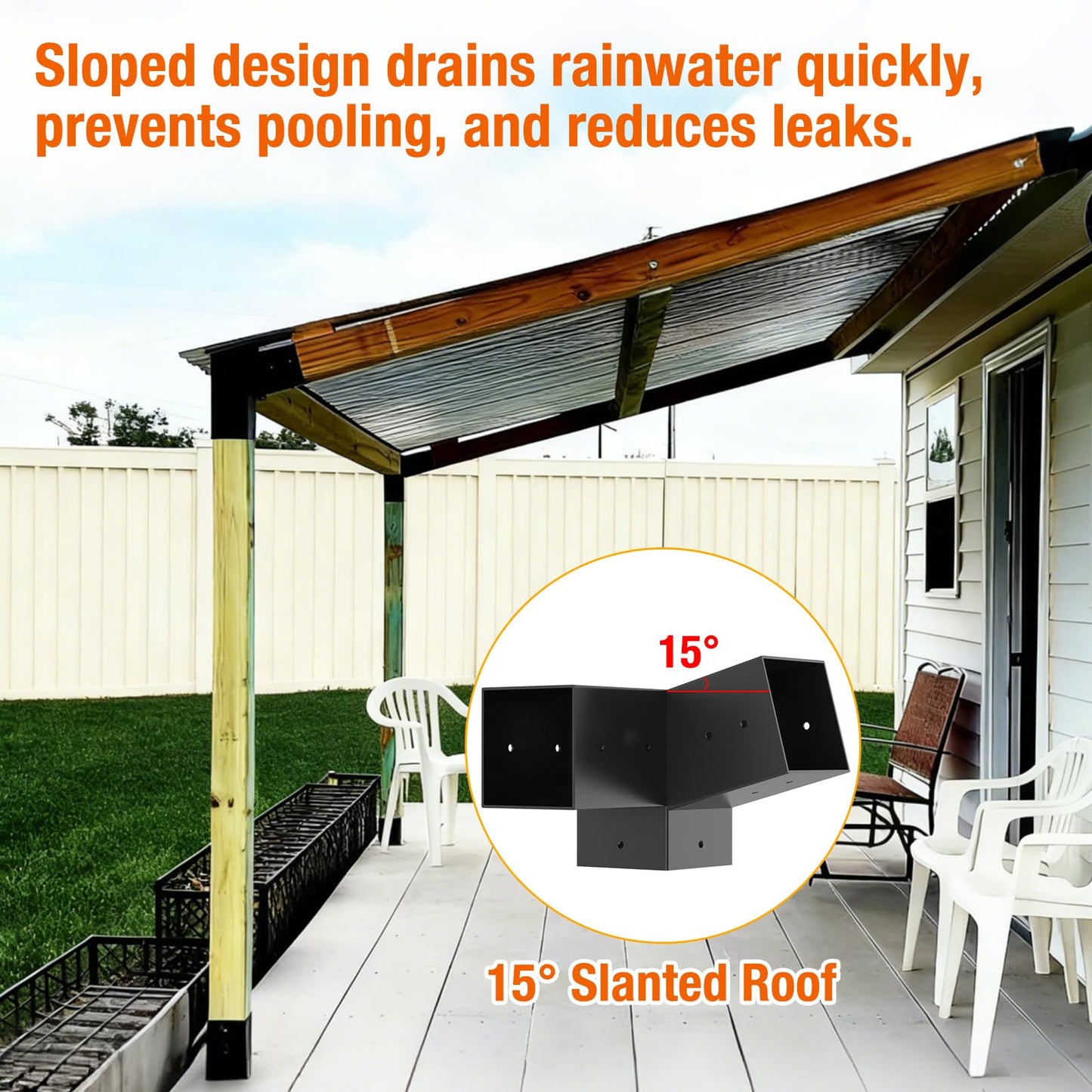 Eapele 6PCS 15° Slanted Roof Pergola Brackets, 3-Way Roof Wall Mount Extension Pergola Kit, Angled Wood Post Base Bracket,Patio Pergolas, Log Cabin
