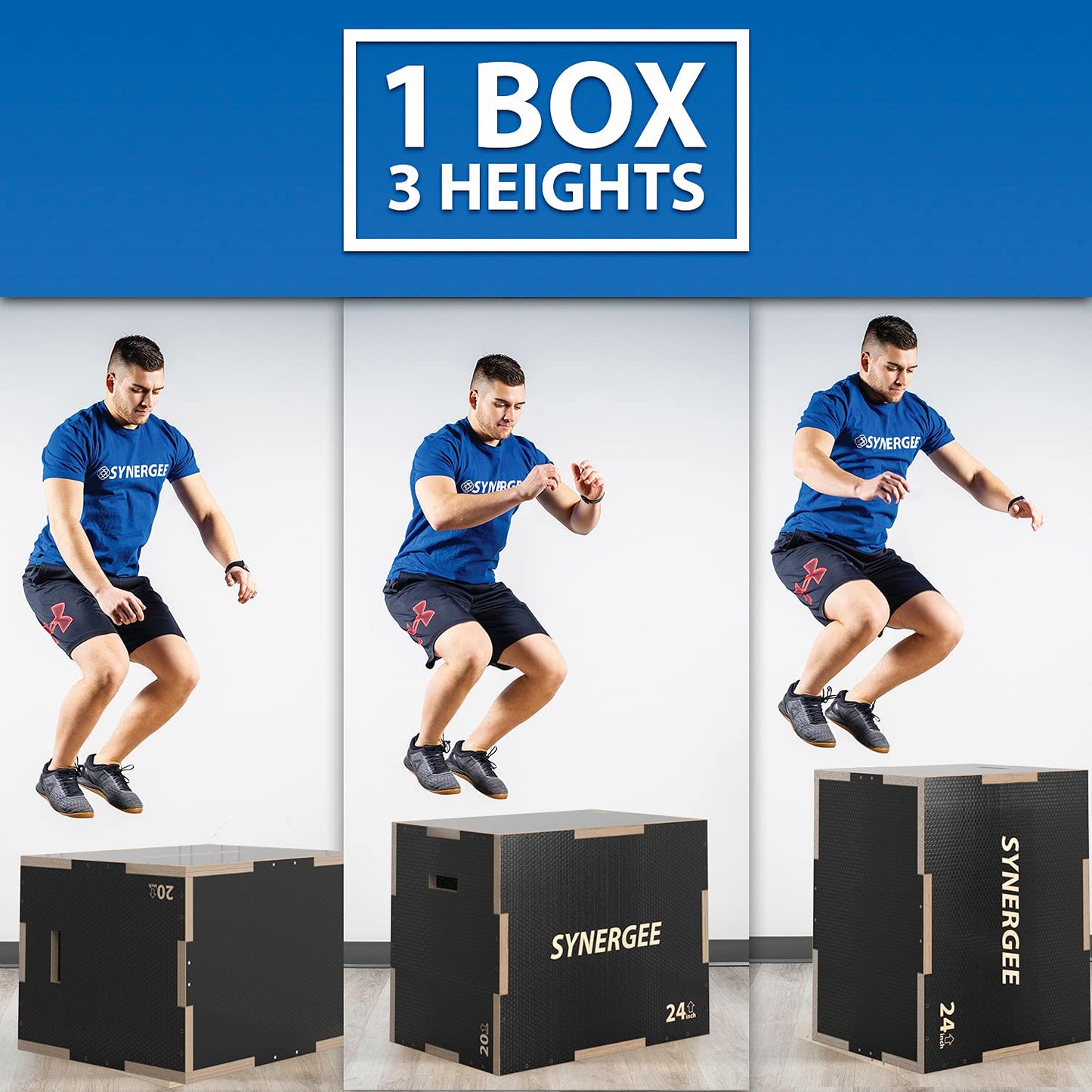 Synergee 3 in 1 Non-Slip Wood Plyometric Box for Jump Training and Conditioning. Wooden Plyo Box All in One Jump Trainer. Size - 30/24/20